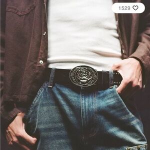 Men’s Leather Belt Rose Buckle Black Size M NWOT